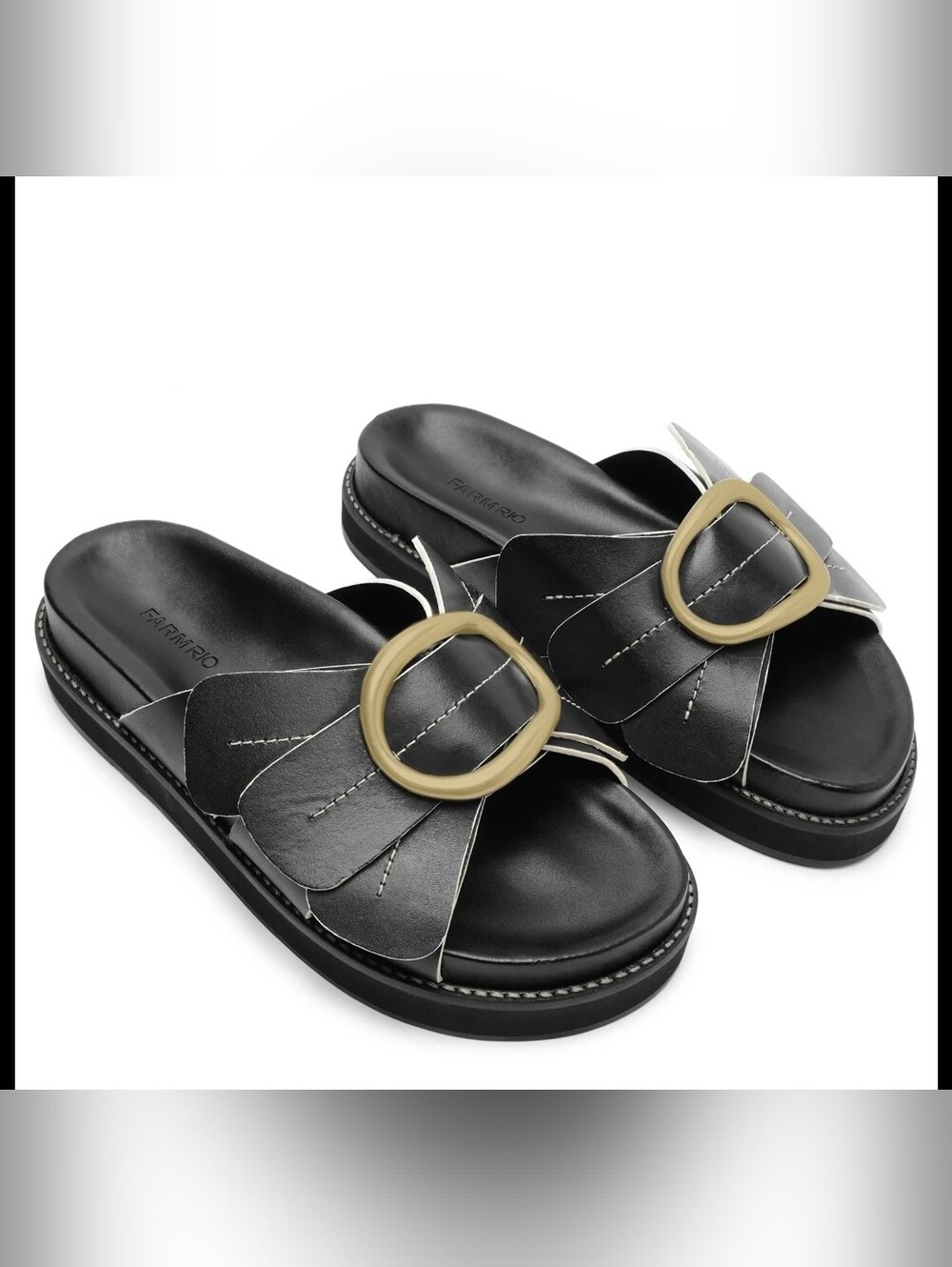 FARM Rio Black Slide Mules with Gold Oval Buckles